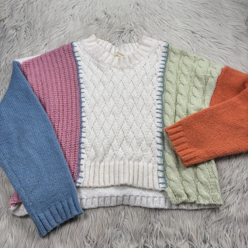 New In Women's S Colorblock Boxy Crew Sweater Cottagecore Artsy Kawaii Soft Girl